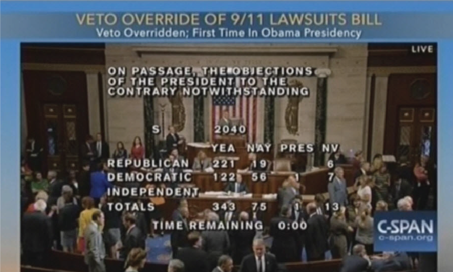 Views from the House of Representatives. Veto Override of 9/11 Lawsuit. Displays votes from the floor affirming the veto.