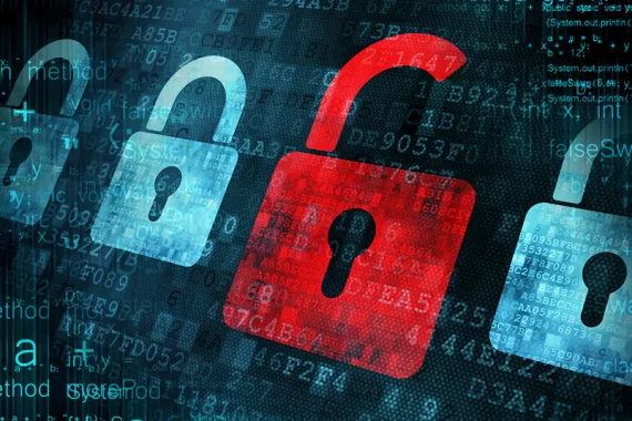 A graphic with blue padlocks and a large unlocked red padlock, overlaid and underlaid with glowing numbers and letters