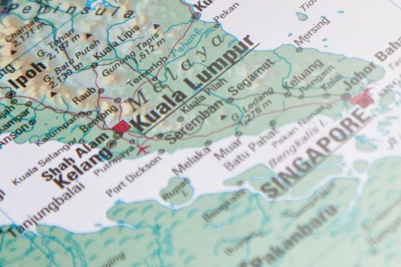 A regional map featuring the land from Ipoh, Malyasia though Kuala Lumpur and down to Singapore