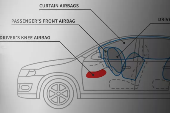 A schematic of a car indicates the placement of several airbags.