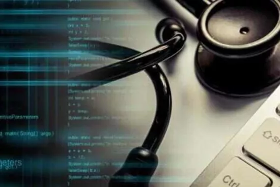 A graphic featuring a close-up of a stethoscope beside a computer keyboard, overlaid with glowing blue text