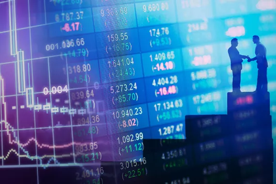 A graphic features a stock market chart and stock market data. The silhouettes of two men shake hands at the top of a bar chart.