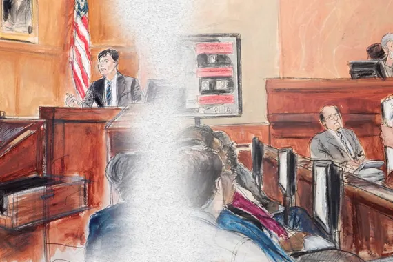 A painting depicting a scene from a federal court trial. A lawyer presents evidence to a jury while a judge and others look on.