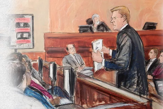 A painting depicting a scene from a federal court trial. A lawyer presents evidence to a jury while a judge and others look on.