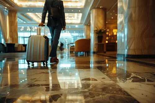 A stock image of a woman walking through a marble hotel lobby with a rolling suitcase and small black backpack.