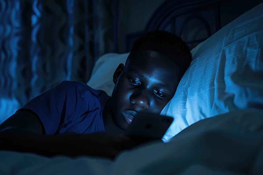 Child in bed looking at glowing phone