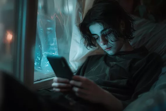 An image of a teenage boy holding his phone in a darkened room.