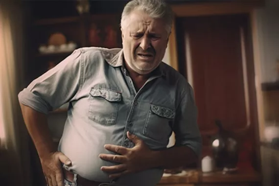 An image of a man holding his abdomen in distress