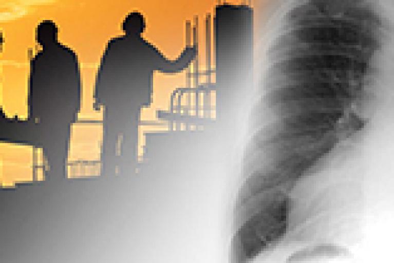 An image of a set of human lungs with a silhouetted image of workers in the background.